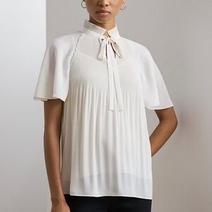 Lauren Ralph Lauren Pleated Tie-Neck Blouse • Size M • Ivory